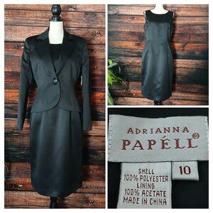 NWT Adrianna Papell Size 10 Vintage Dress Suit 2 Piece Sheath Jacket Black Satin